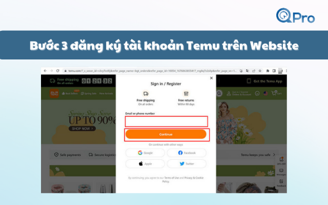 Bước 3 đăng ký tài khoản Temu trên Website